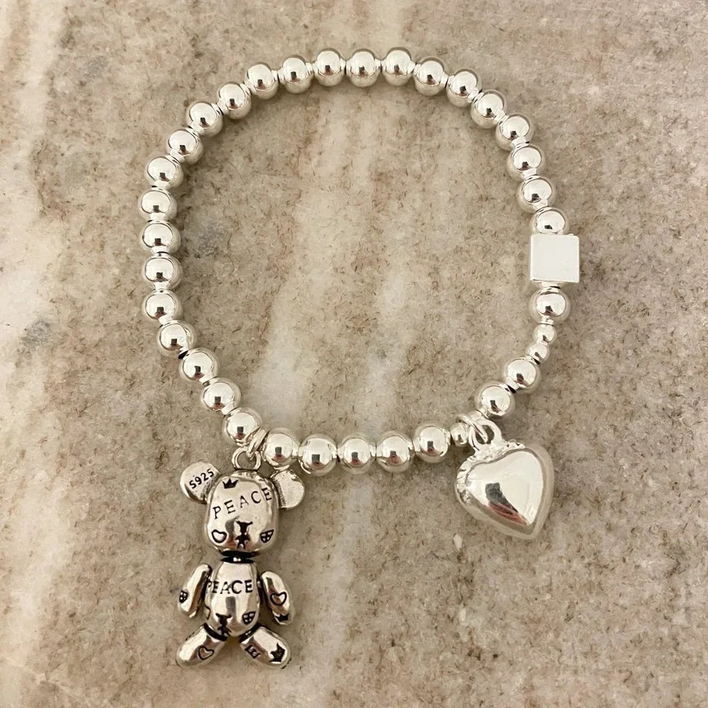 925 Sterling Silver Teddy Bear & Heart Charm Bracelet Dainty Bead Charm Bracelet - Picture 2 of 6